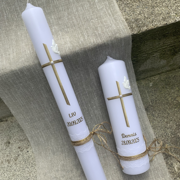 Personalisierte Taufkerze Kommunionskerze weiß creme gold 25x6 cm 25x7 cm 40x4 cm klassisch Kreuz vintage edel & schlicht
